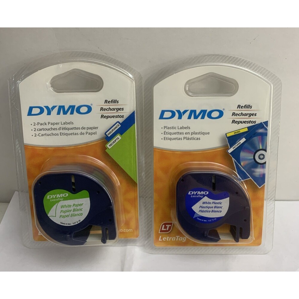 DYMO LetraTag Plastic Label Cassette 1/2" x 13ft & White Paper Refills 2-pack